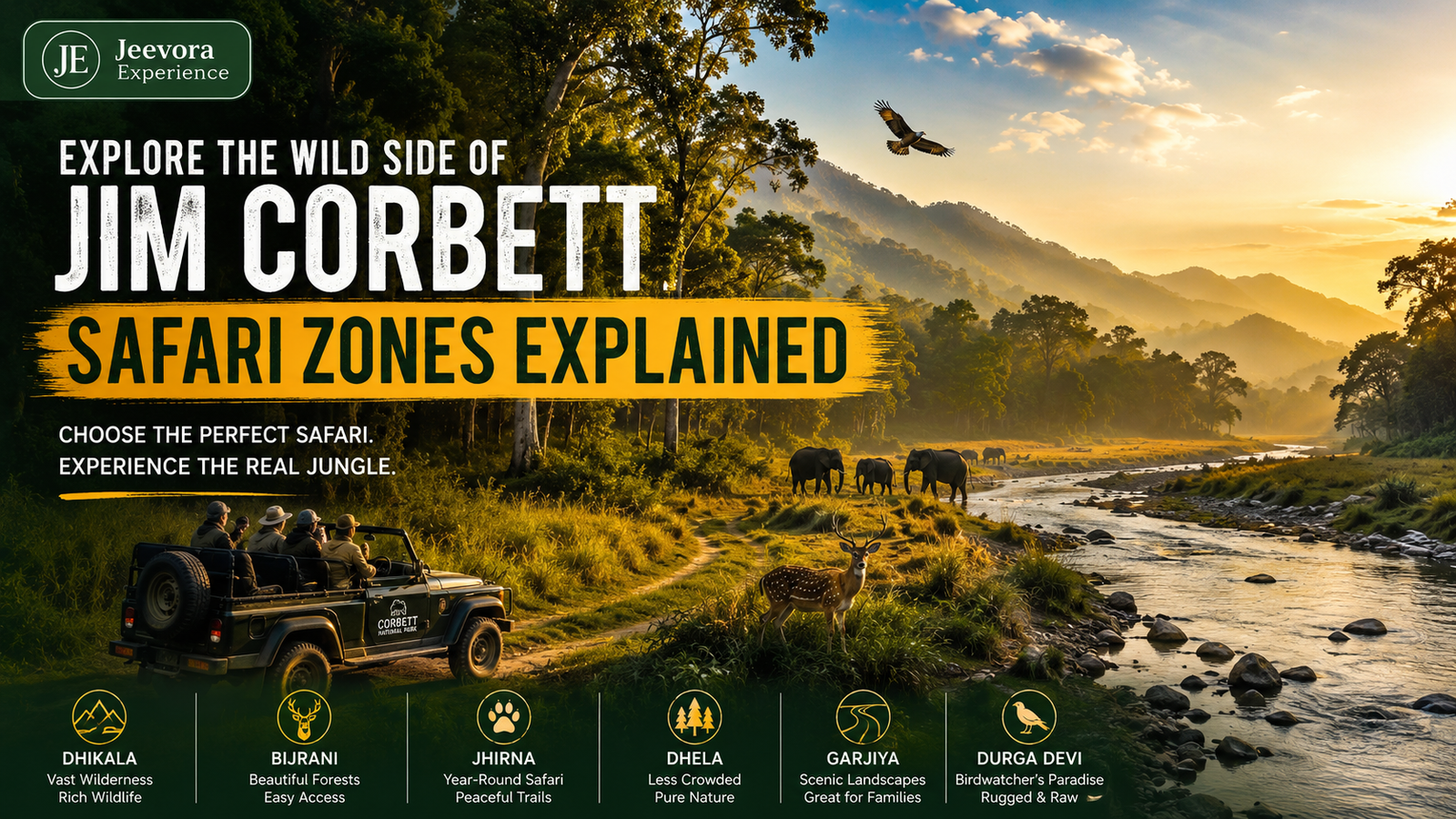 Explore every Jim Corbett Safari Zone including Dhikala, Bijrani, Jhirna, Dhela, Garjiya and Durga Devi. Compare wildlife, landscapes, accessibility and discover which safari zone is best for your nex