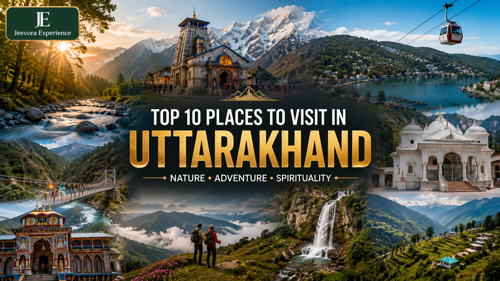 Top 10 Places to Visit in Uttarakhand featuring Nainital, Jim Corbett, Mussoorie, Kedarnath and Himalayan landscapes