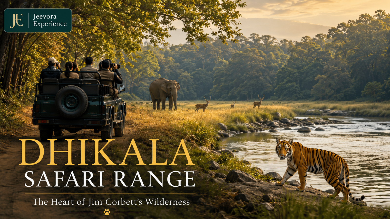 Jeep safari in the Dhikala Safari Range of Jim Corbett National Park with elephants, grasslands, and dense Sal forest