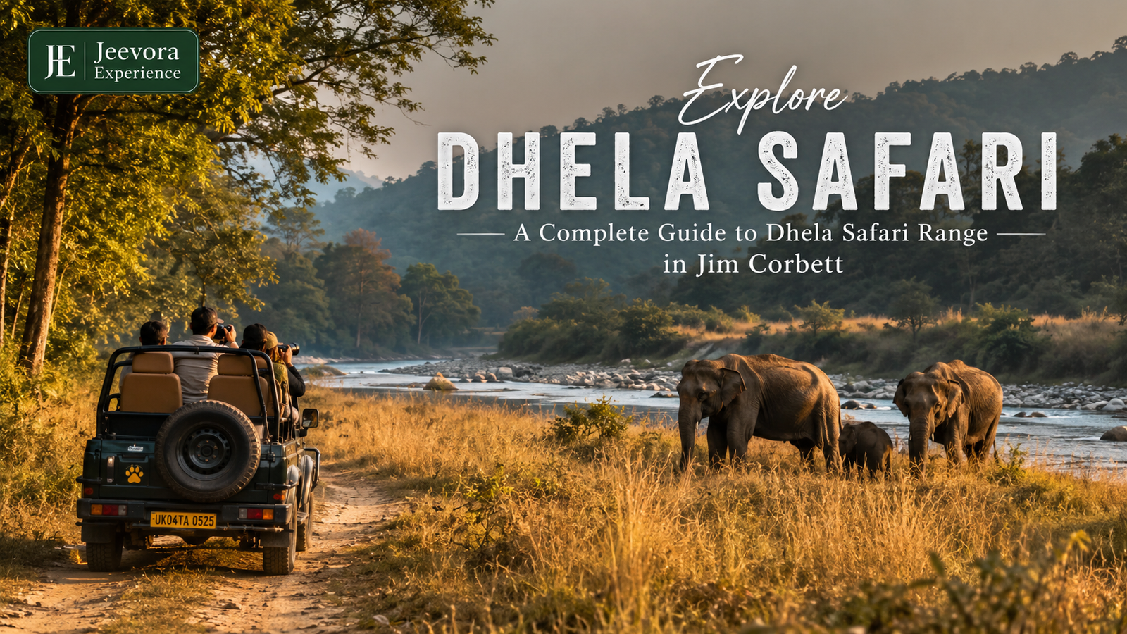 Jeep Safari in the Dhela Safari Range of Jim Corbett National Park surrounded by Sal forests and grasslands with wildlife in Uttarakhand.