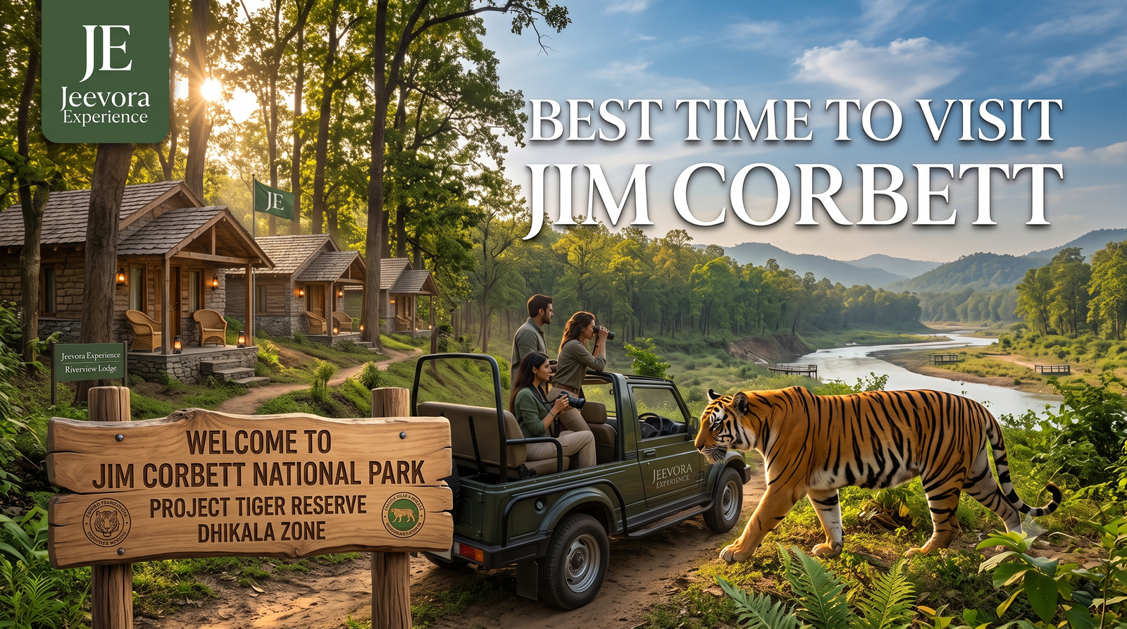 Things to Do in Jim Corbett featuring jeep safari, tiger, forest landscape, Kosi River, and wildlife experiences