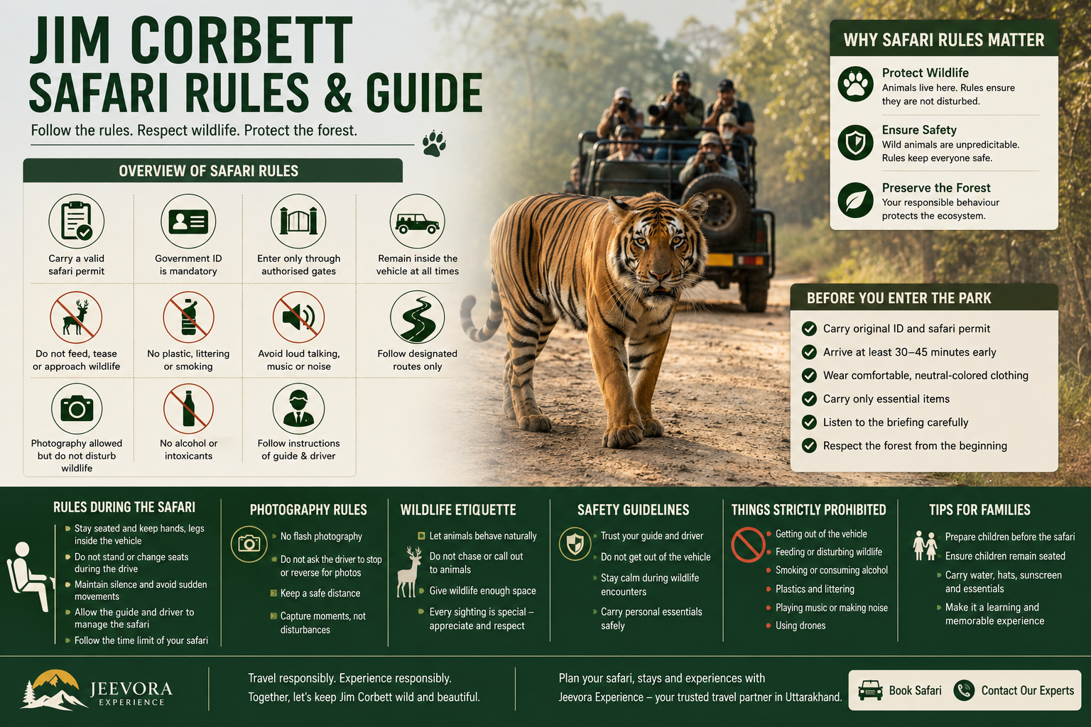 Open safari jeep with registration UK040513 observing a Royal Bengal Tiger on a forest trail during sunrise in Jim Corbett National Park, illustrating the Jim Corbett Safari Rules & Guide by Jeevora E