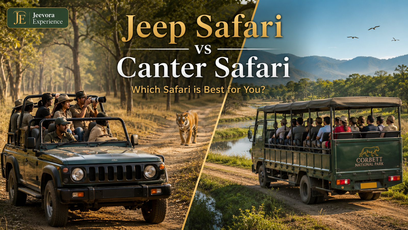 Open Jeep Safari and Canter Safari inside Jim Corbett National Park comparing wildlife experience, comfort, photography, and seating for travellers.