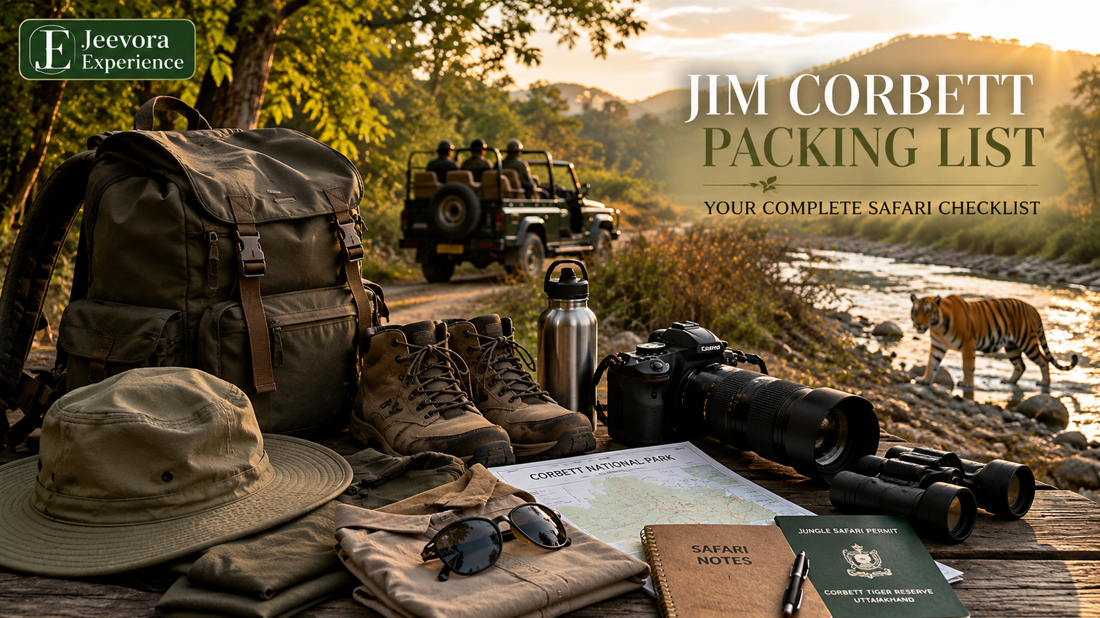 Travel essentials including safari clothing, backpack, binoculars, camera, hiking shoes, and travel documents prepared for a Jim Corbett National Park wildlife safari.