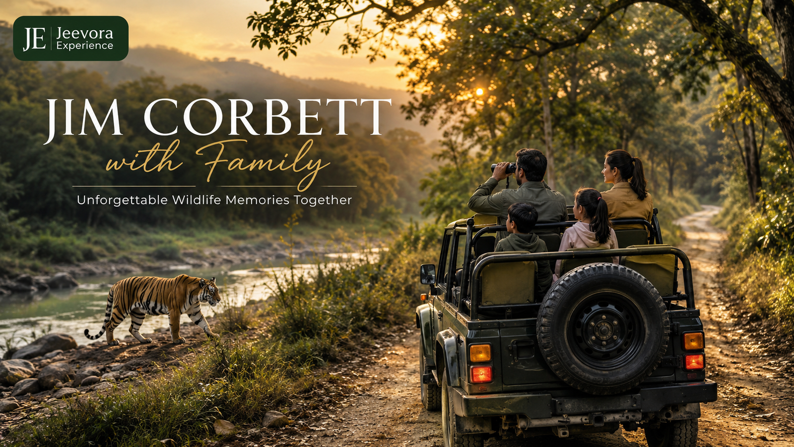 Happy family enjoying a Jeep Safari in Jim Corbett National Park surrounded by lush forest and wildlife.