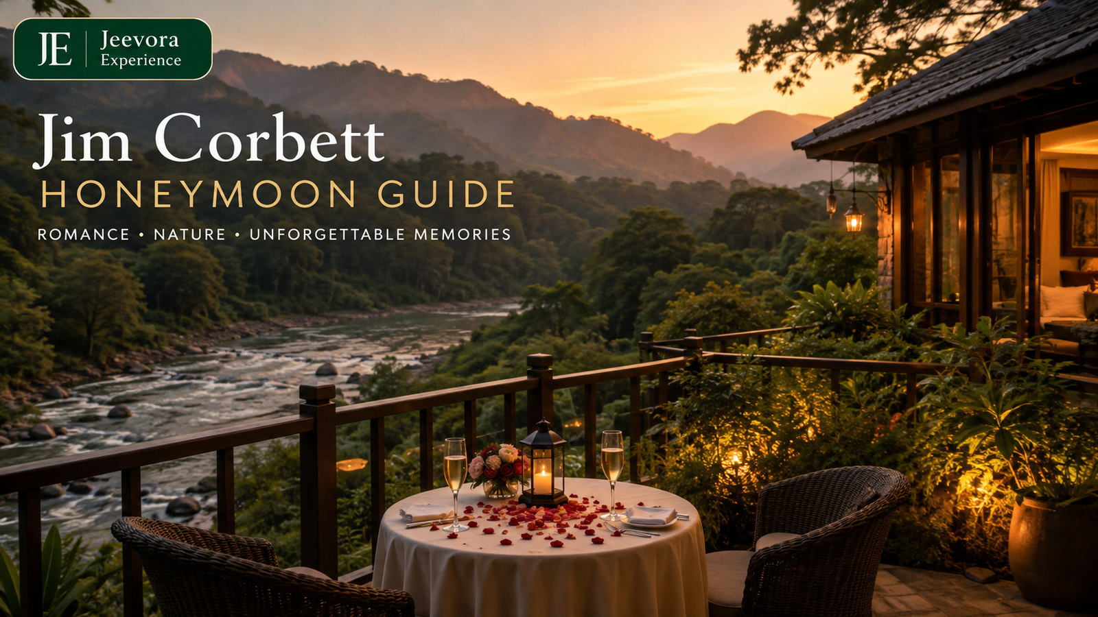 Couple enjoying a romantic Jeep Safari during a Jim Corbett honeymoon surrounded by lush forests.