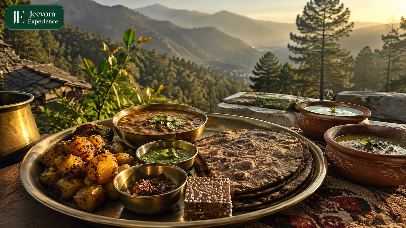 Traditional Kumaoni food spread with aloo ke gutke, bhatt dal, madua roti and local chutney in Uttarakhand