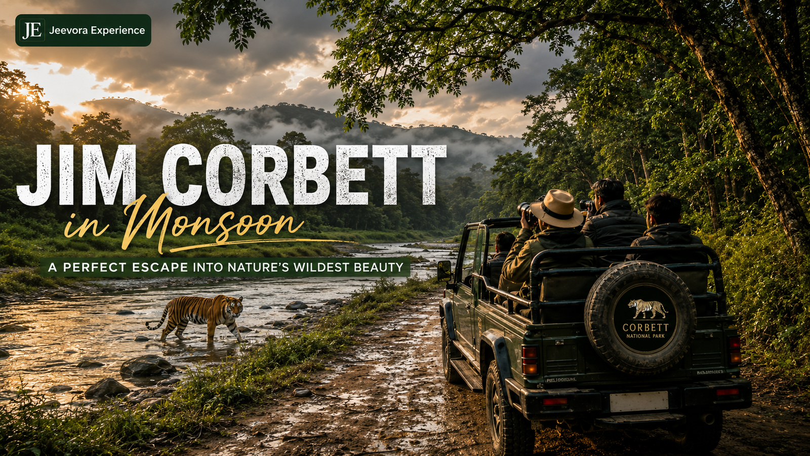 Jim Corbett in Monsoon with lush green forest, misty landscape and rain clouds in Uttarakhand