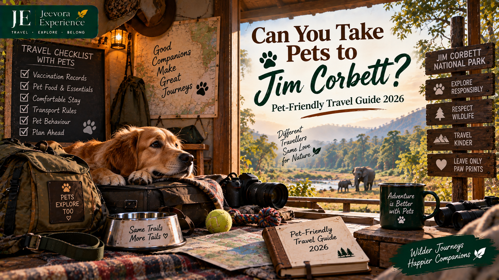 Pet-friendly travel guide for Jim Corbett with dog and forest resort setting