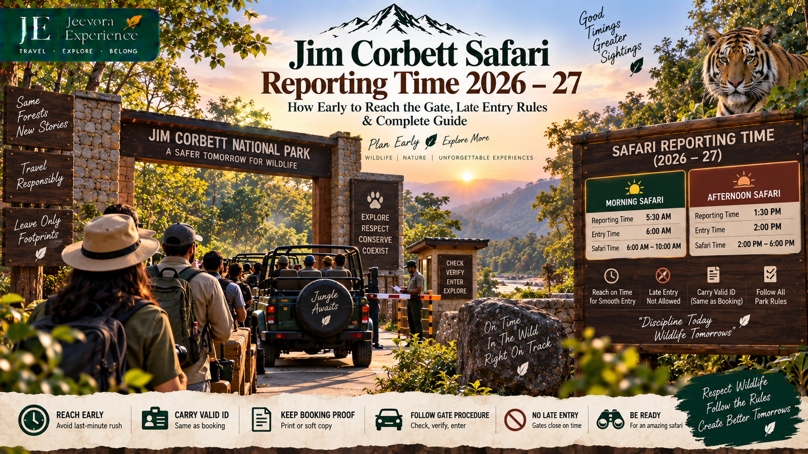 Jim Corbett Safari Reporting Time 2026–27 guide with safari vehicle at forest entry gate