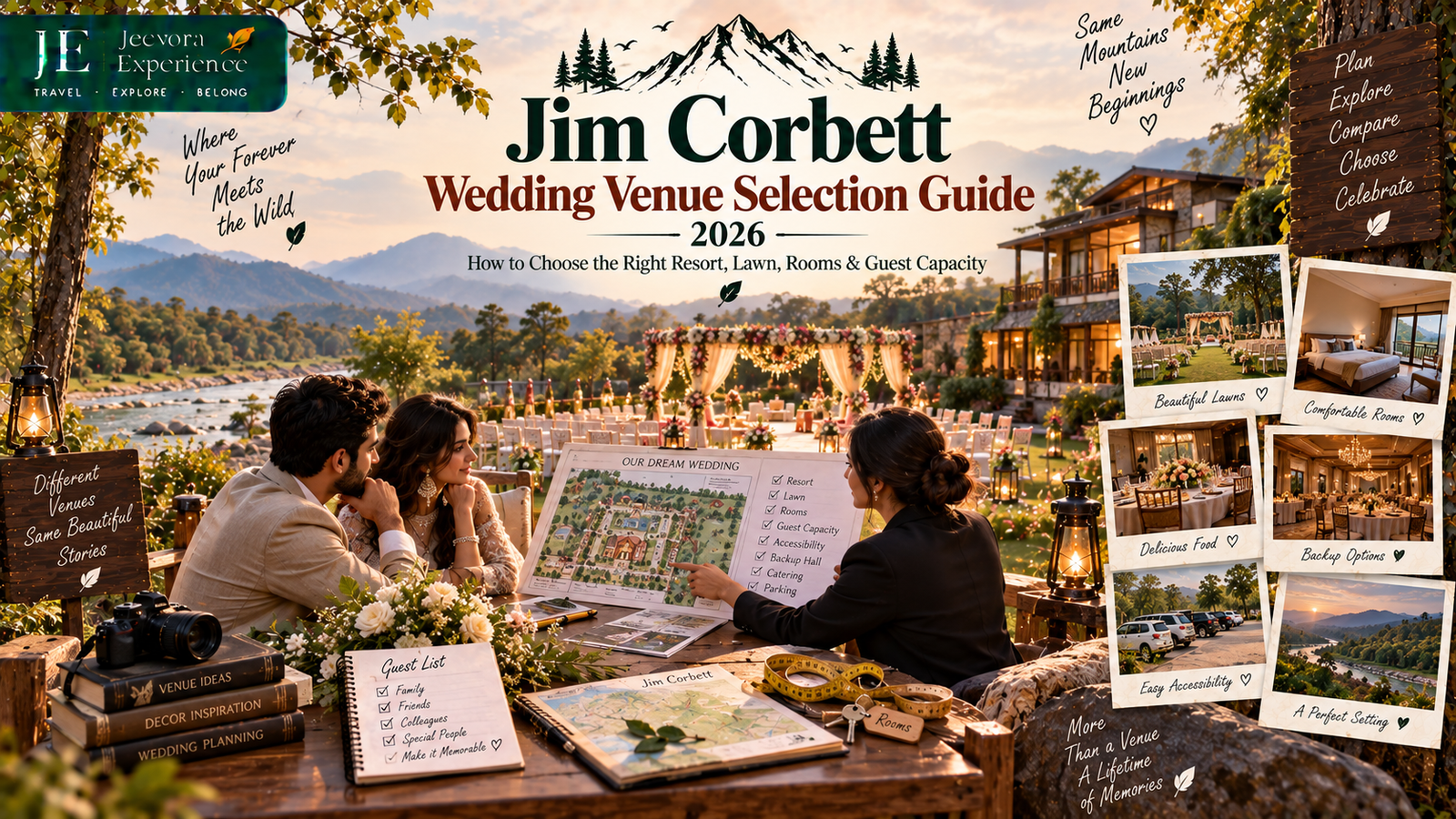 Jim Corbett wedding venue with decorated resort lawn, mountain forest surroundings and destination wedding setup