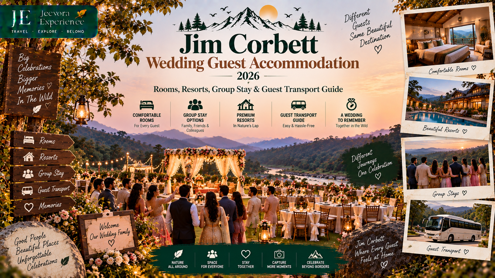 Jim Corbett wedding guest accommodation at a resort with comfortable rooms, wedding guests and scenic forest surroundings