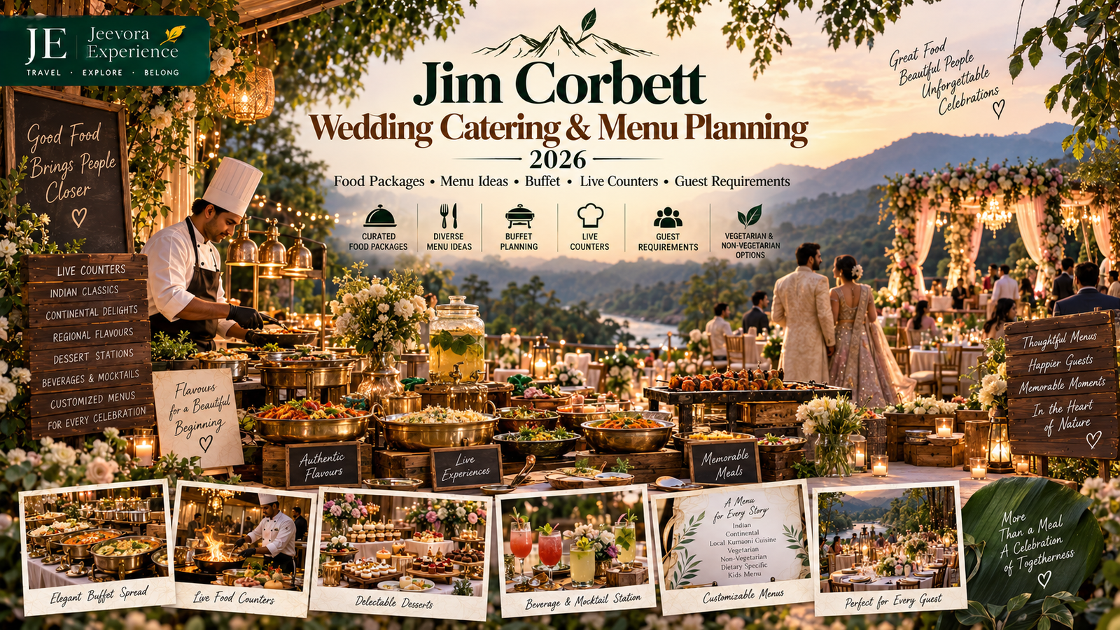 Jim Corbett wedding catering setup with elegant buffet, live food counters and destination wedding guests in a resort setting